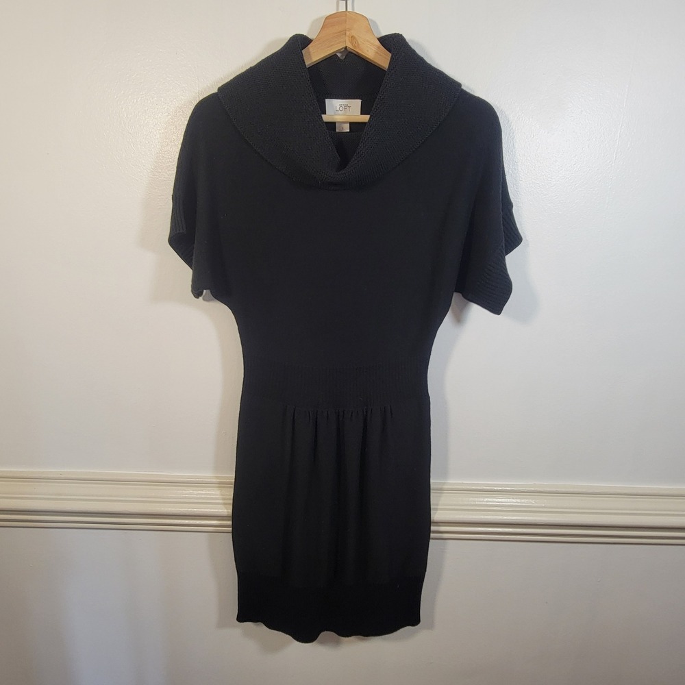LOFT Sweater Dress Womens Small Black‎ Wool Blend Cowl Neck Short Sleeve Elegant